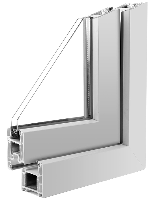 Dwarsdoorsnede van een kunststof raamprofiel met dubbele beglazing.