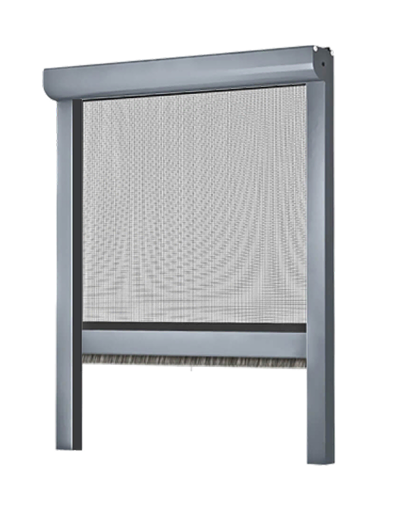 Grijze rolhor met fijn gaas in een aluminium frame, geschikt voor normale ramen.